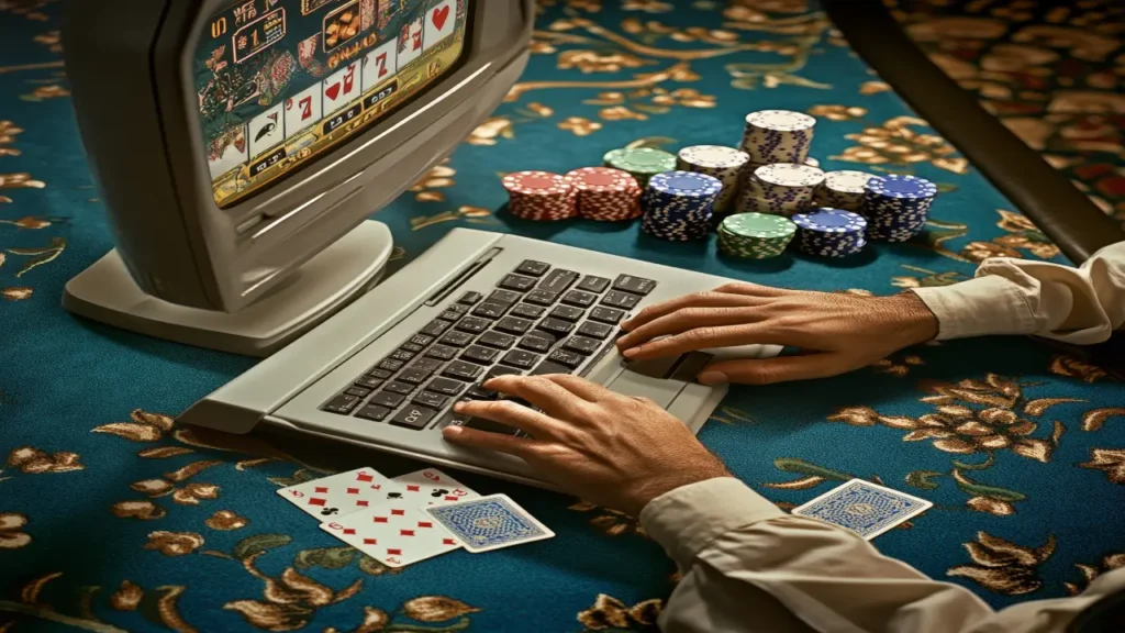 man playing game cards computer with word poker screen