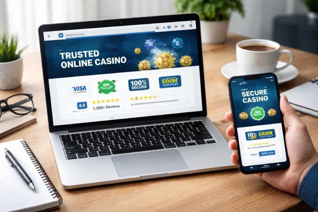 How to Choose a Trustworthy Online Gambling Site A laptop and smartphone display a secure online casino website with trust badges, payment options, and ratings, placed on a desk with a notebook and coffee nearby.