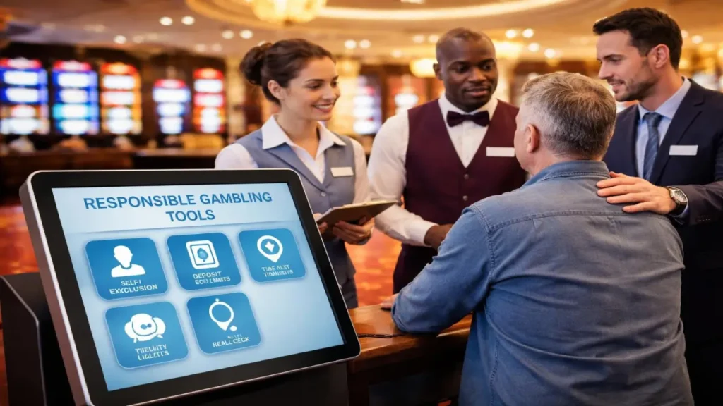 How to Choose a Trustworthy Online Gambling Site Casino employees speak with a customer at a counter while a screen displays responsible gambling tools such as self-exclusion, deposit limits, and time controls in a casino setting.