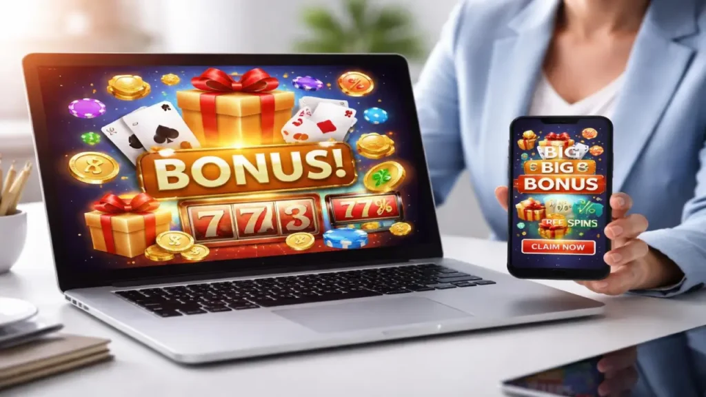 A laptop and smartphone display colorful casino bonus offers with gifts, coins, playing cards, and slot numbers, highlighting promotions like free spins and big bonuses.
