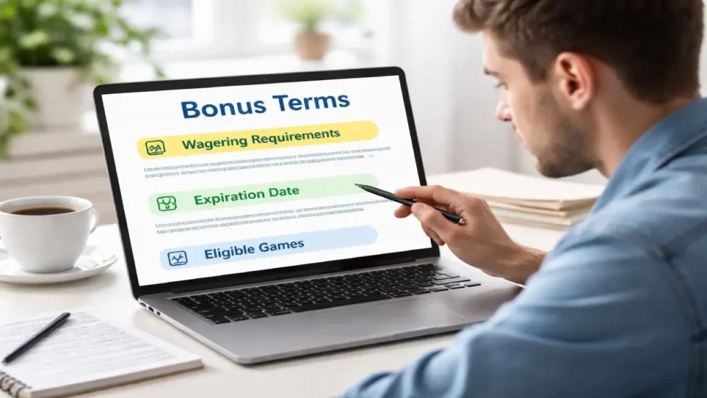 A man looks at a laptop screen displaying bonus terms, including wagering requirements, expiration date, and eligible games, while holding a pen at a desk with a coffee cup nearby.