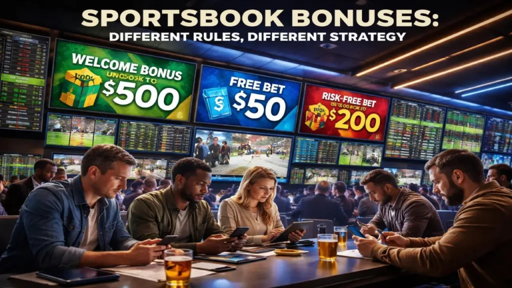 A group of people sit at a table in a sportsbook viewing multiple screens showing betting odds and promotions, including welcome bonus, free bet, and risk-free bet offers, while using their smartphones.