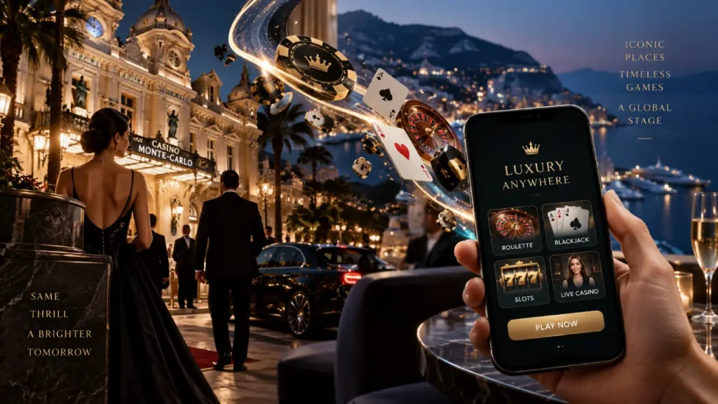 From Monte Carlo to Mobile: How Luxury Gambling Is Going Digital Luxury Monte Carlo casino transitioning into a premium mobile gambling experience, illustrating how high-end casino gaming is going digital.