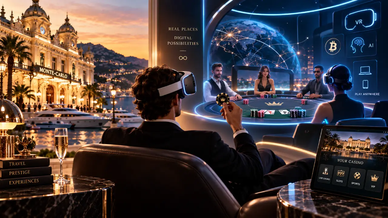From Monte Carlo to Mobile: How Luxury Gambling Is Going Digital Futuristic luxury casino experience combining Monte Carlo with VR gambling, AI technology, cryptocurrency, and cross-platform digital gaming.