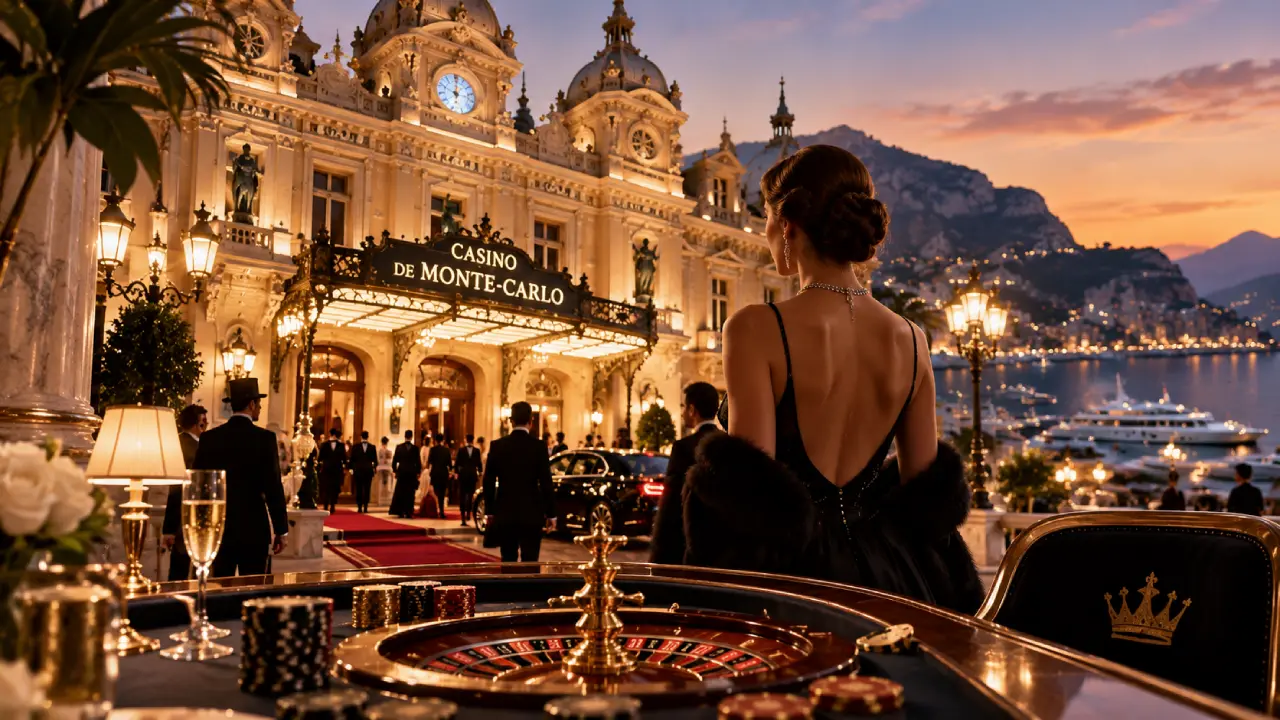 From Monte Carlo to Mobile: How Luxury Gambling Is Going Digital Elegant Monte Carlo casino at sunset with roulette, luxury guests, yachts, and classic European gambling atmosphere.