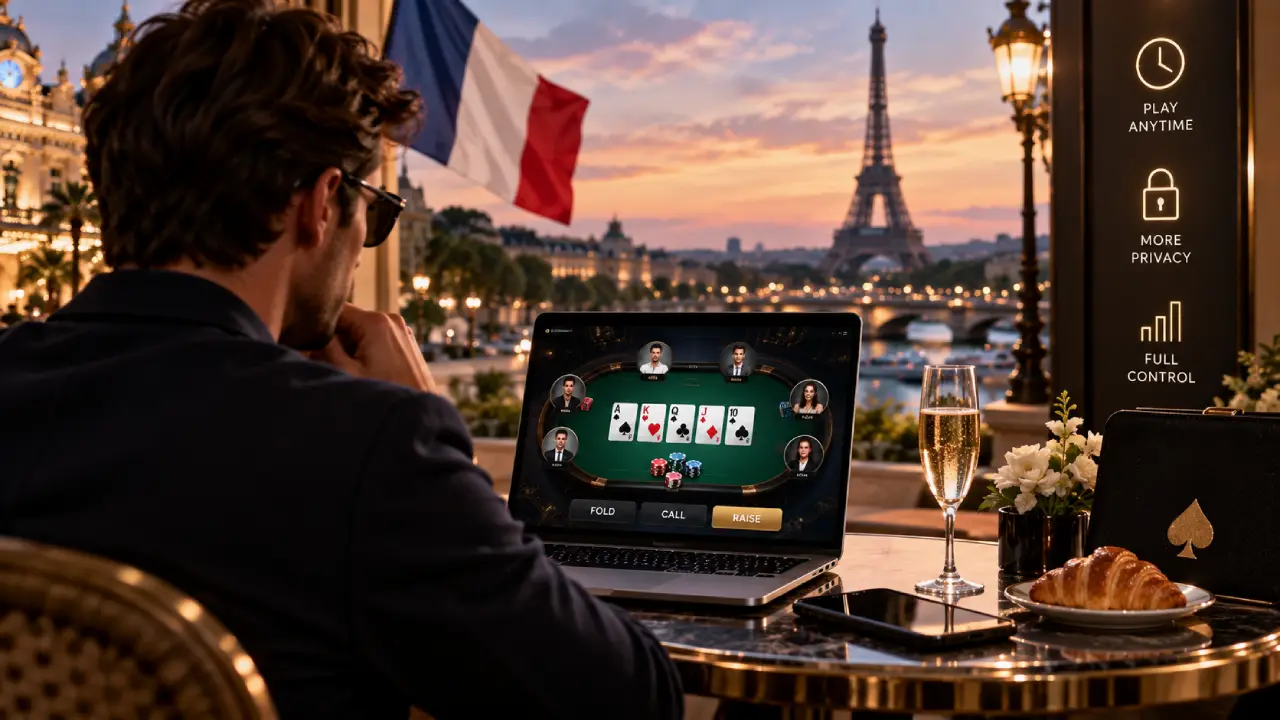 From Monte Carlo to Mobile: How Luxury Gambling Is Going Digital French player enjoying online poker on a laptop in a luxury Paris setting, highlighting convenience, privacy, and control in digital gambling.