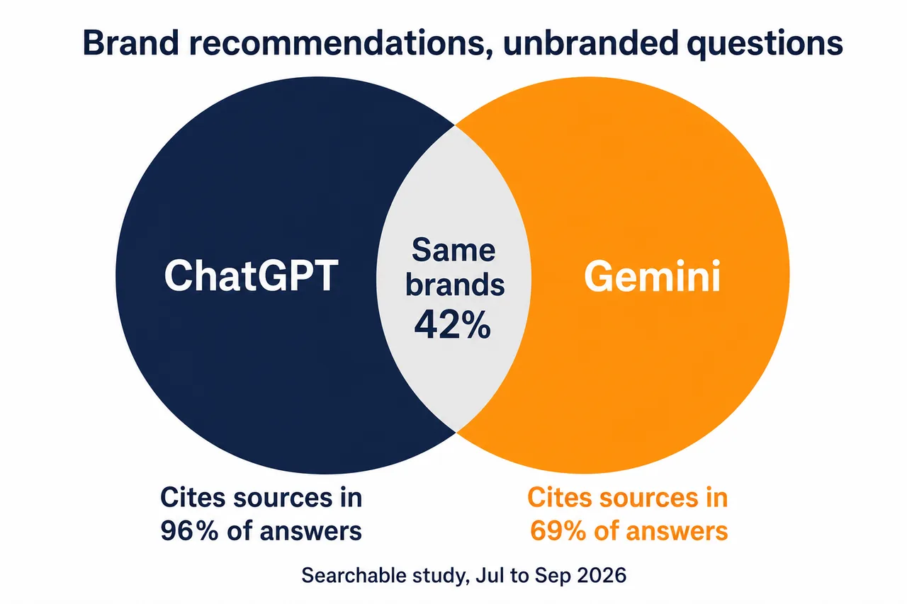 Venn diagram, ChatGPT and Gemini agree on brands 42% of the time