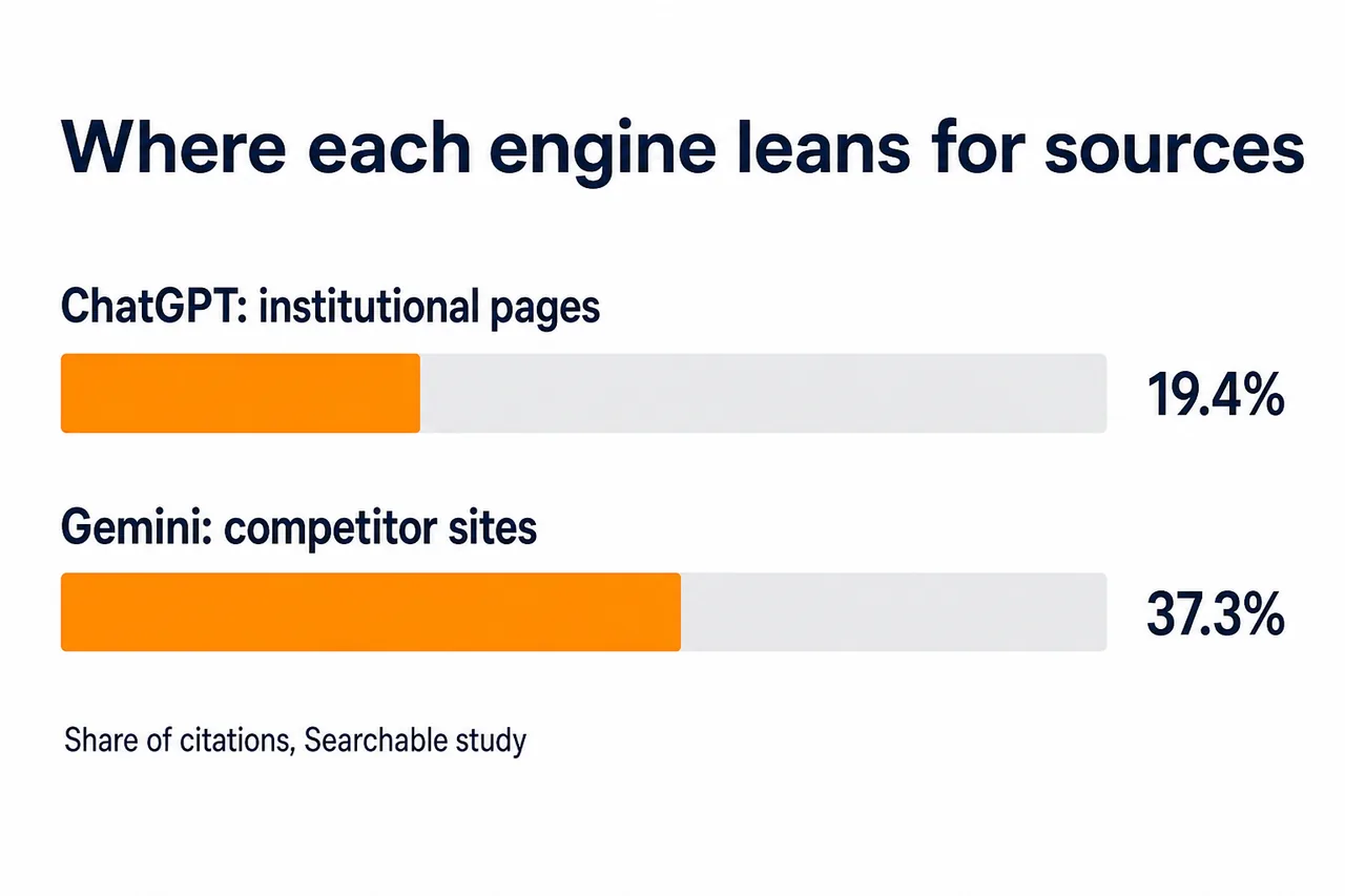 Bars showing ChatGPT and Gemini source preferences in a Searchable.com study