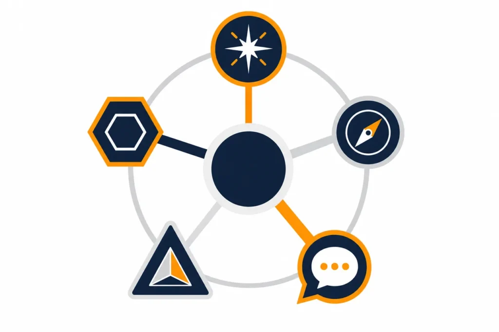 Five abstract engine icons around a brand, AI answer engine visibility