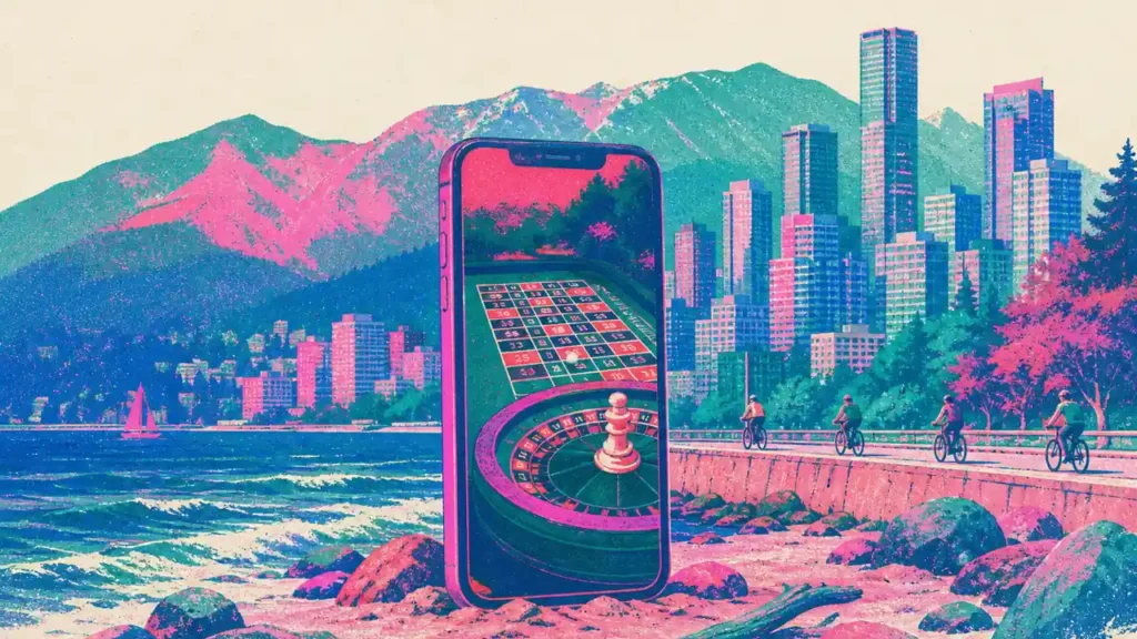 Online Casinos for British Columbia Players Through PlayNow Risograph phone with online casino roulette in front of the Vancouver skyline